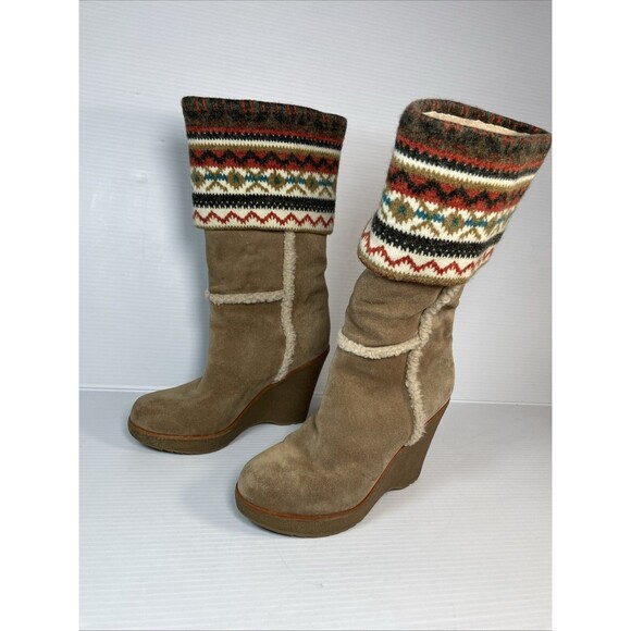 Steve Madden Tan Brown Suede Boots Mid-Calf Sz  6 M Lined Shearling Knit Cuff - Picture 5 of 16